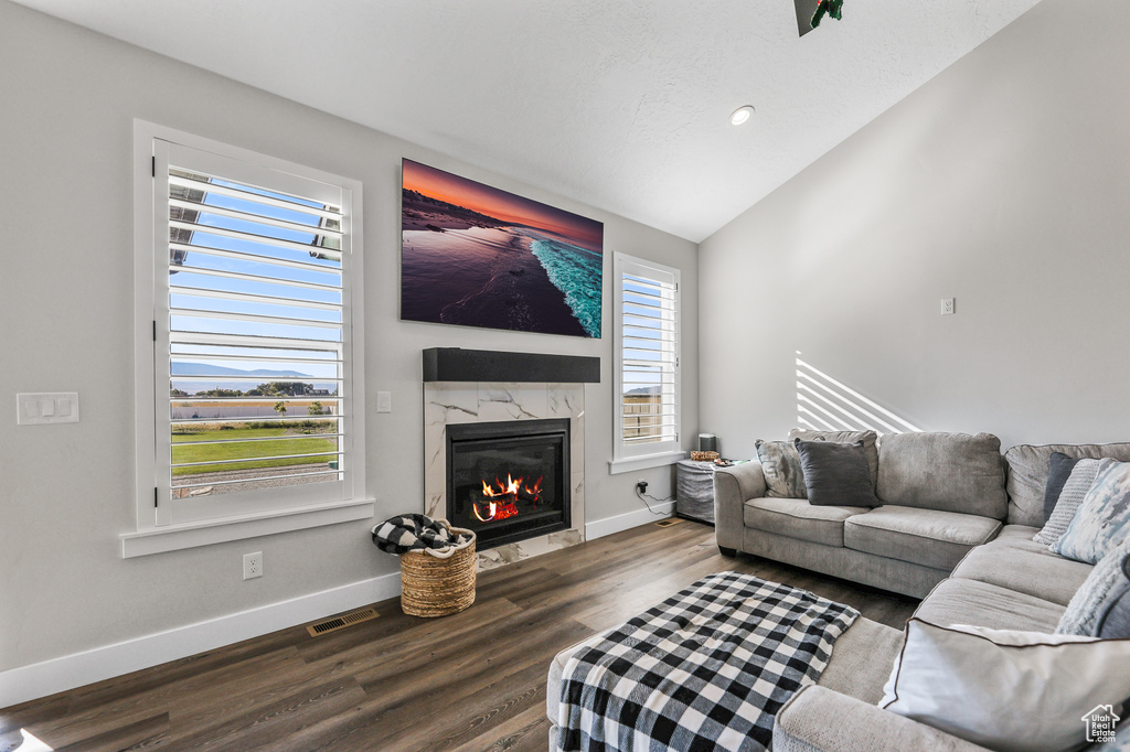 Living room with lofted ceiling, a premium fireplace, and dark hardwood / wood-style floors