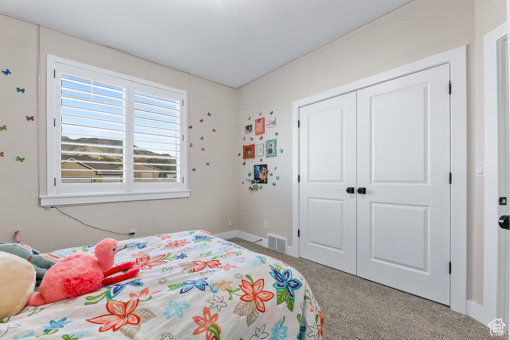 Bedroom with carpet flooring and a closet