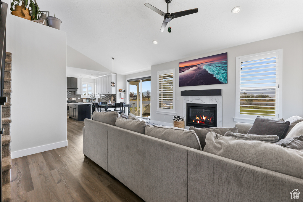 Living room featuring dark wood-type flooring, ceiling fan, a wealth of natural light, and a premium fireplace