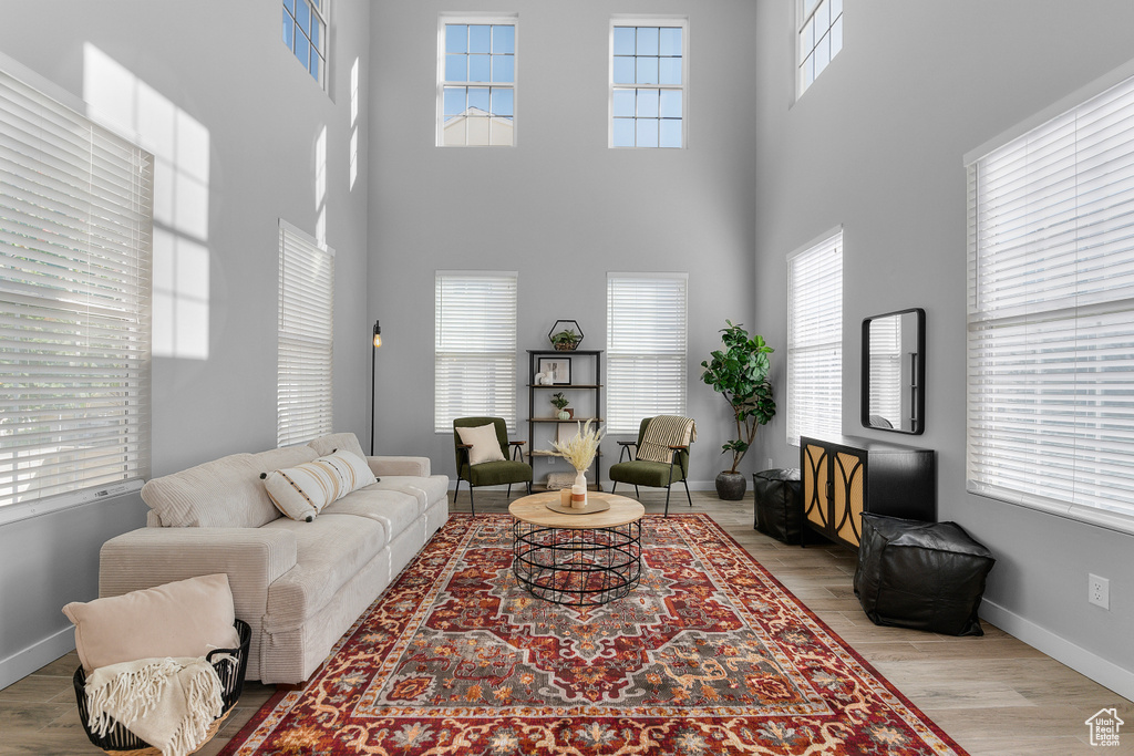 Living room featuring light wood-type flooring and a towering ceiling