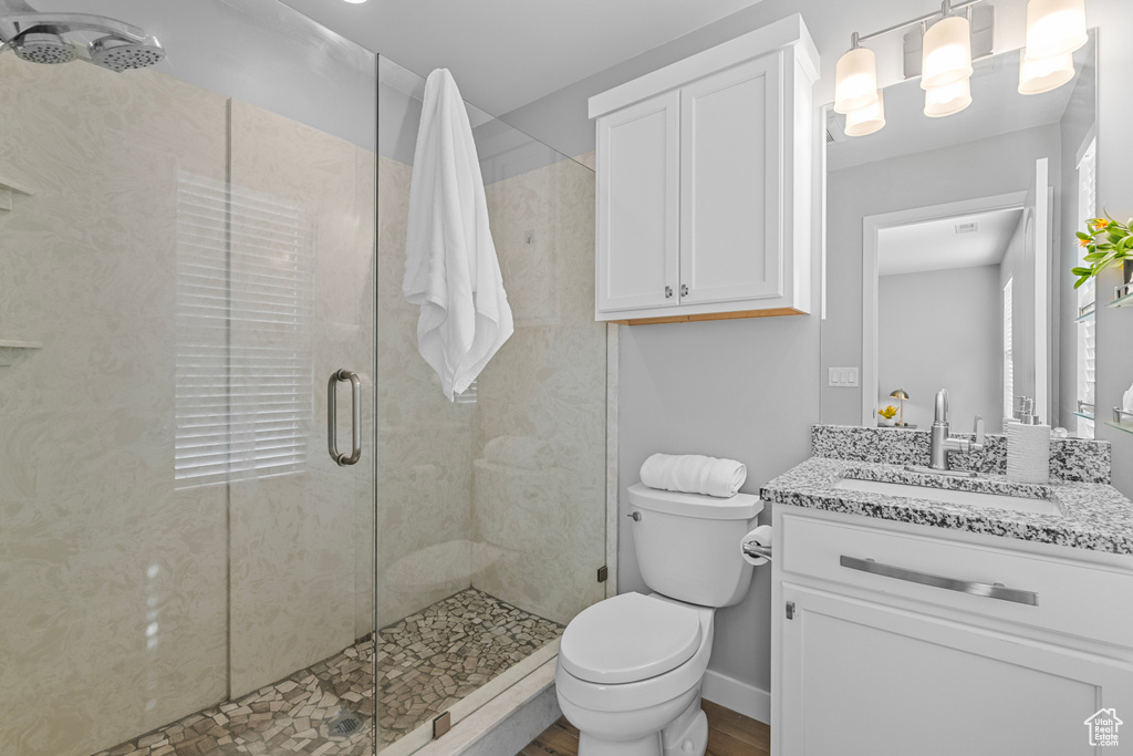 Bathroom featuring a shower with door, vanity, toilet, and hardwood / wood-style flooring