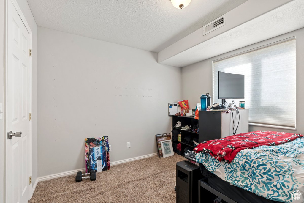 Bedroom featuring carpet flooring and a textured ceiling