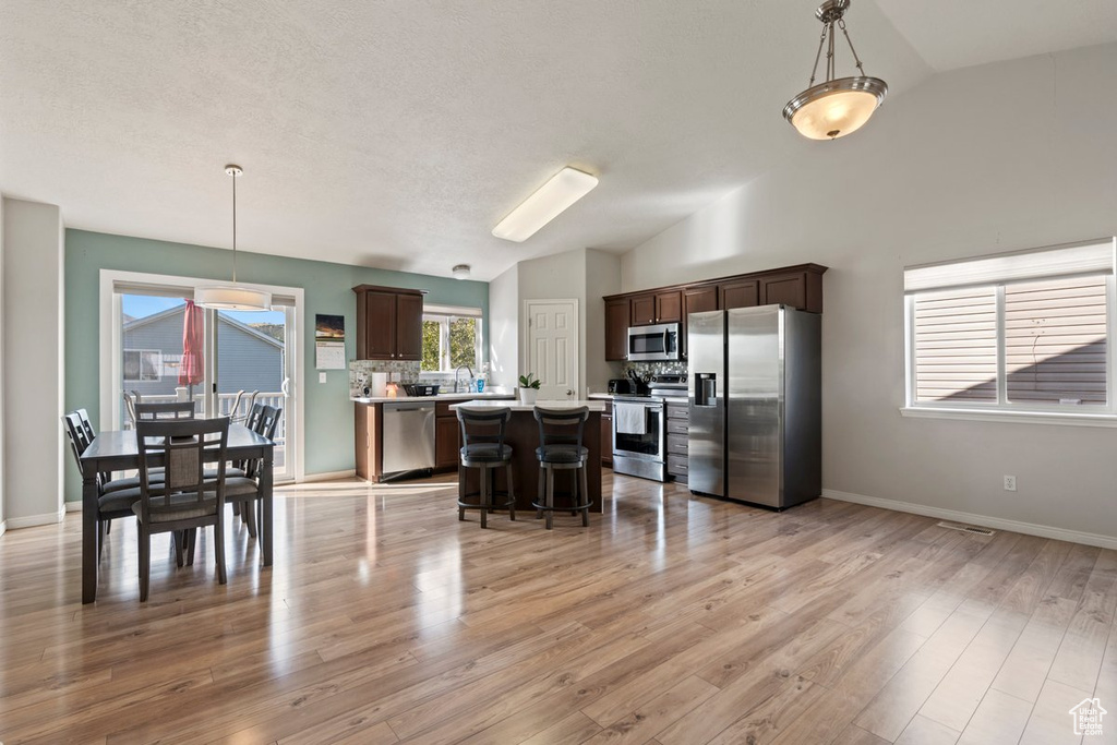 Kitchen with vaulted ceiling, dark brown cabinets, hanging light fixtures, stainless steel appliances, and light wood-type flooring