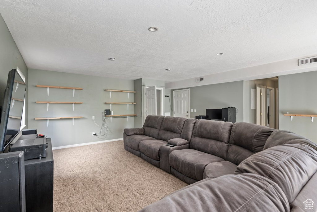 Living room featuring a textured ceiling and carpet