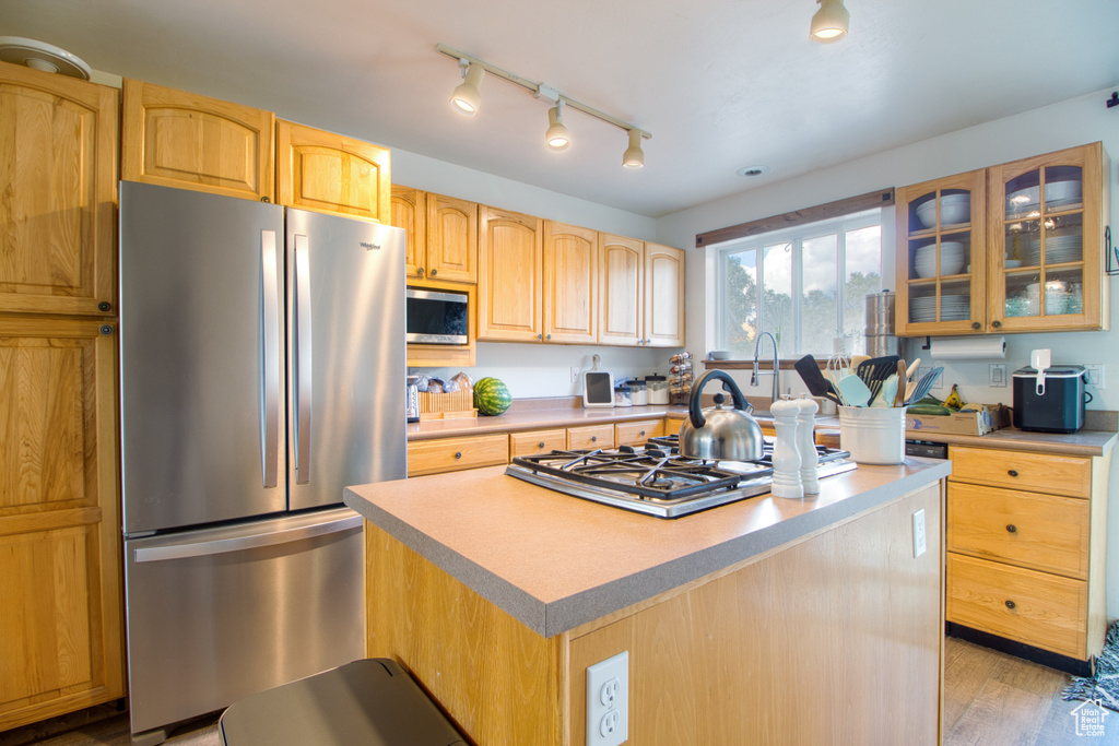 Kitchen featuring a center island, light wood-type flooring, appliances with stainless steel finishes, light brown cabinets, and rail lighting