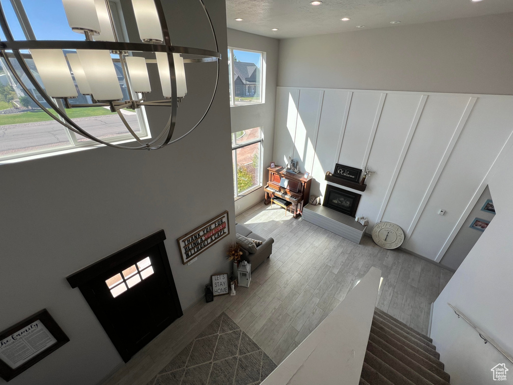 Foyer entrance with a high ceiling and light hardwood / wood-style floors