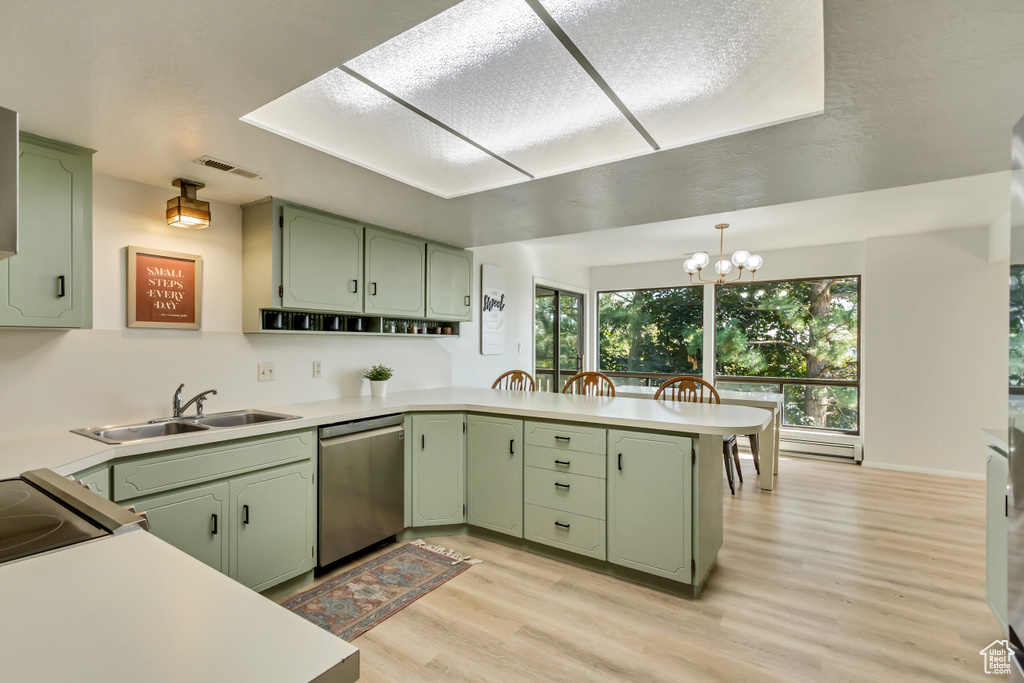 Kitchen with light wood-type flooring, green cabinets, kitchen peninsula, sink, and stainless steel dishwasher