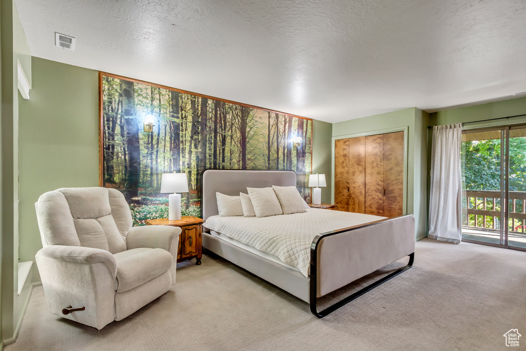 Carpeted bedroom featuring a textured ceiling and access to outside