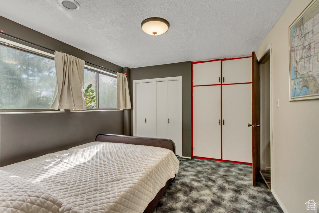 Carpeted bedroom with a textured ceiling and two closets