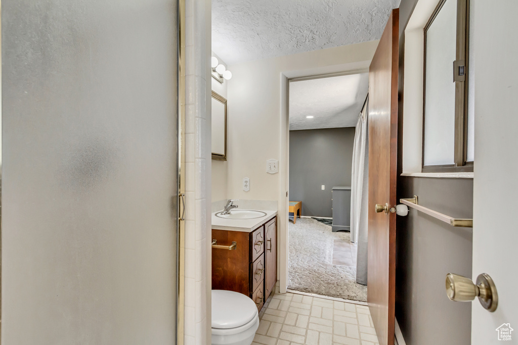 Bathroom featuring vanity, toilet, and a textured ceiling