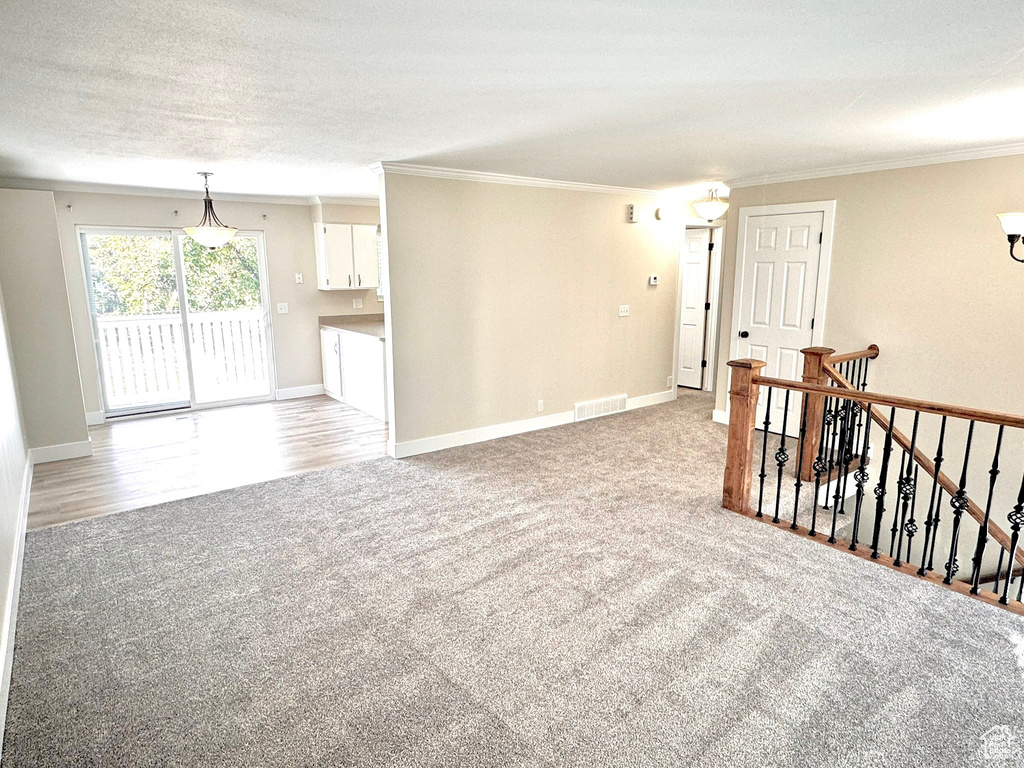 Unfurnished room with a textured ceiling, ornamental molding, and light hardwood / wood-style flooring