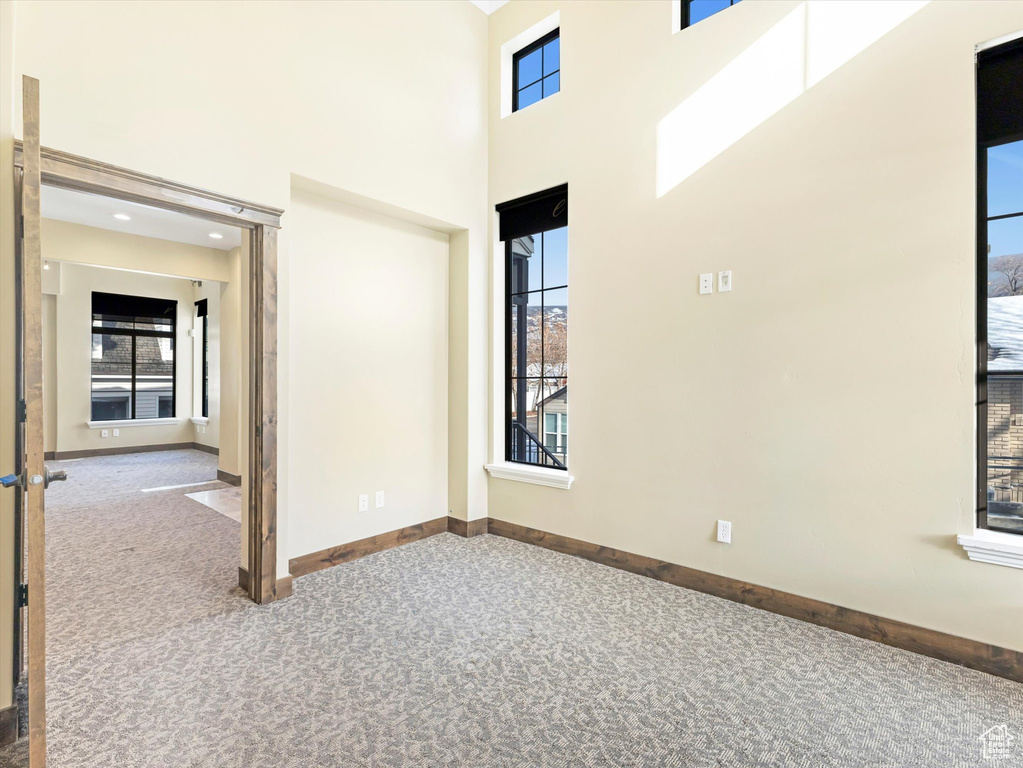 Carpeted spare room with a high ceiling