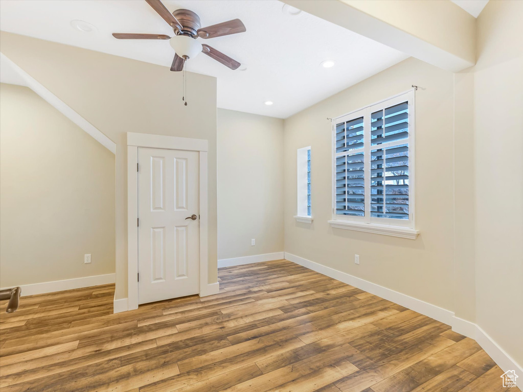 Interior space featuring hardwood / wood-style flooring and ceiling fan