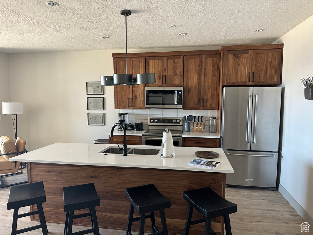 Kitchen with appliances with stainless steel finishes, light hardwood / wood-style floors, a kitchen island with sink, tasteful backsplash, and a textured ceiling