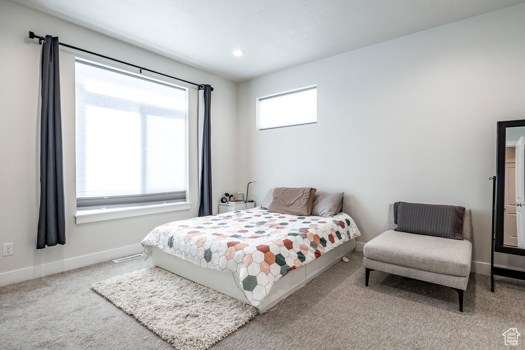 Bedroom featuring carpet flooring, baseboards, and recessed lighting