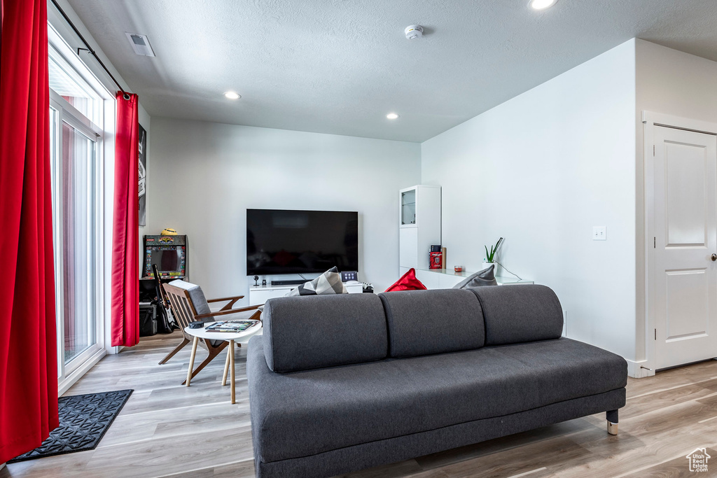 Living area with light wood finished floors and recessed lighting