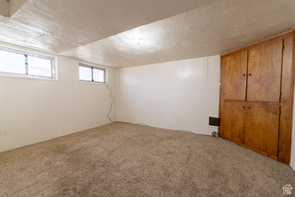 Basement with carpet and a textured ceiling