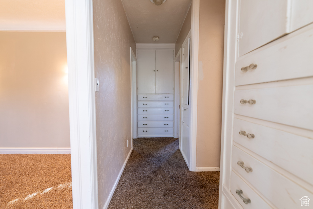 Hallway featuring dark colored carpet