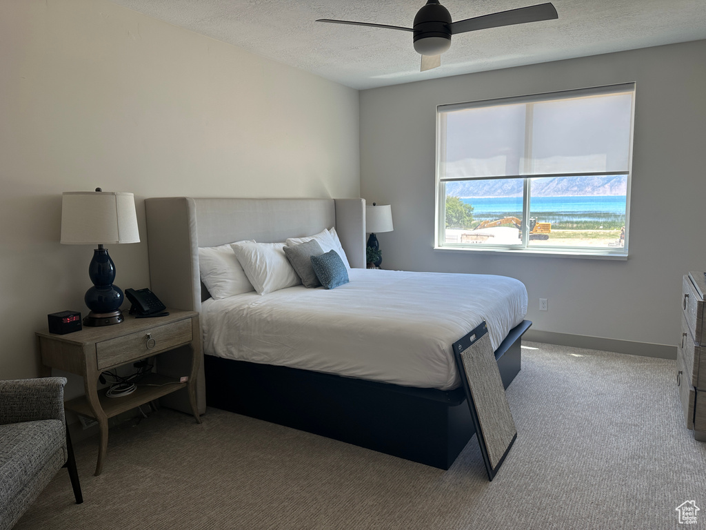 Bedroom featuring ceiling fan, light colored carpet, and a textured ceiling