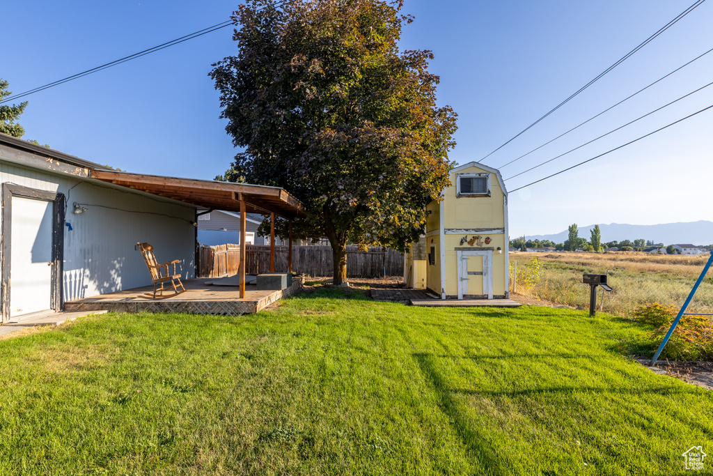 View of yard with a patio and a storage unit