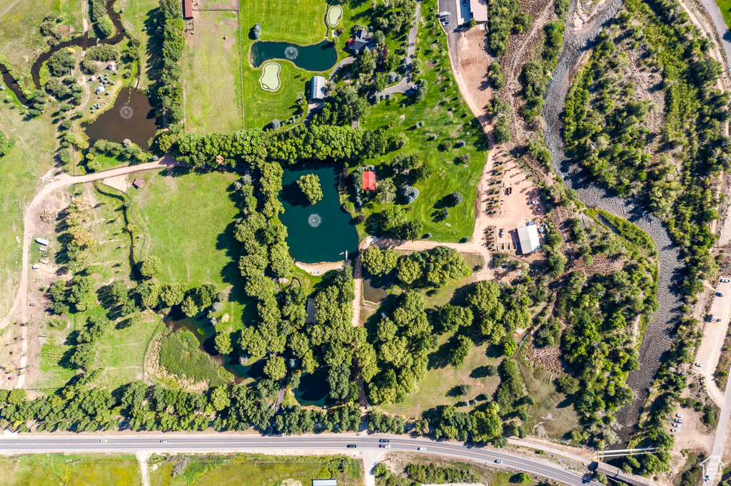 Aerial view featuring a water view