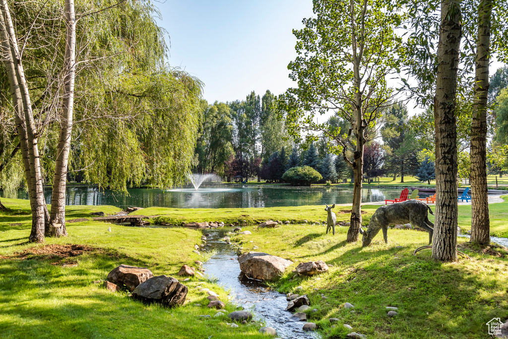 View of property's community with a lawn and a water view