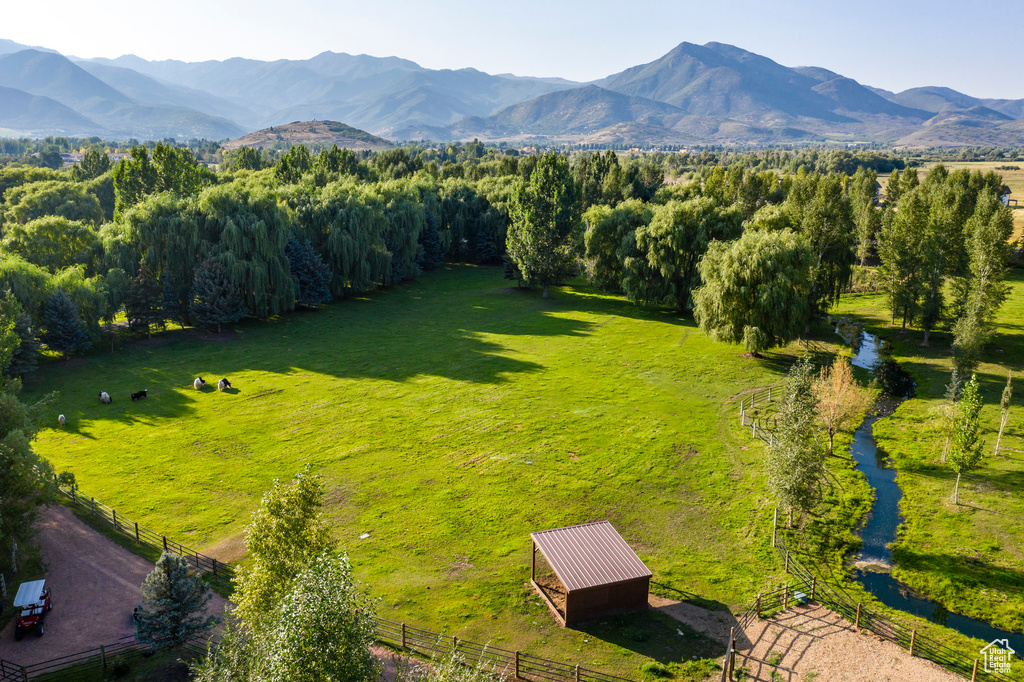 Drone / aerial view featuring a mountain view and a rural view