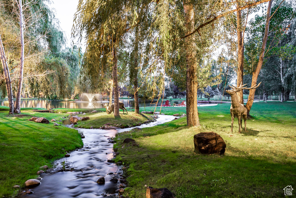 View of property's community with a lawn