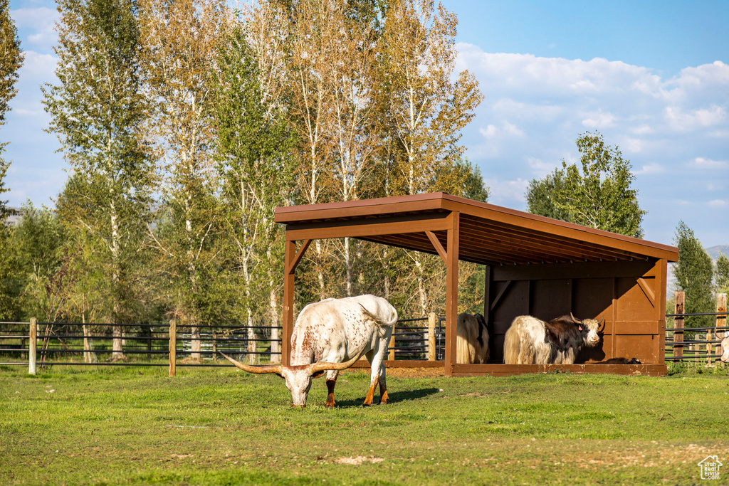 View of stable featuring a rural view