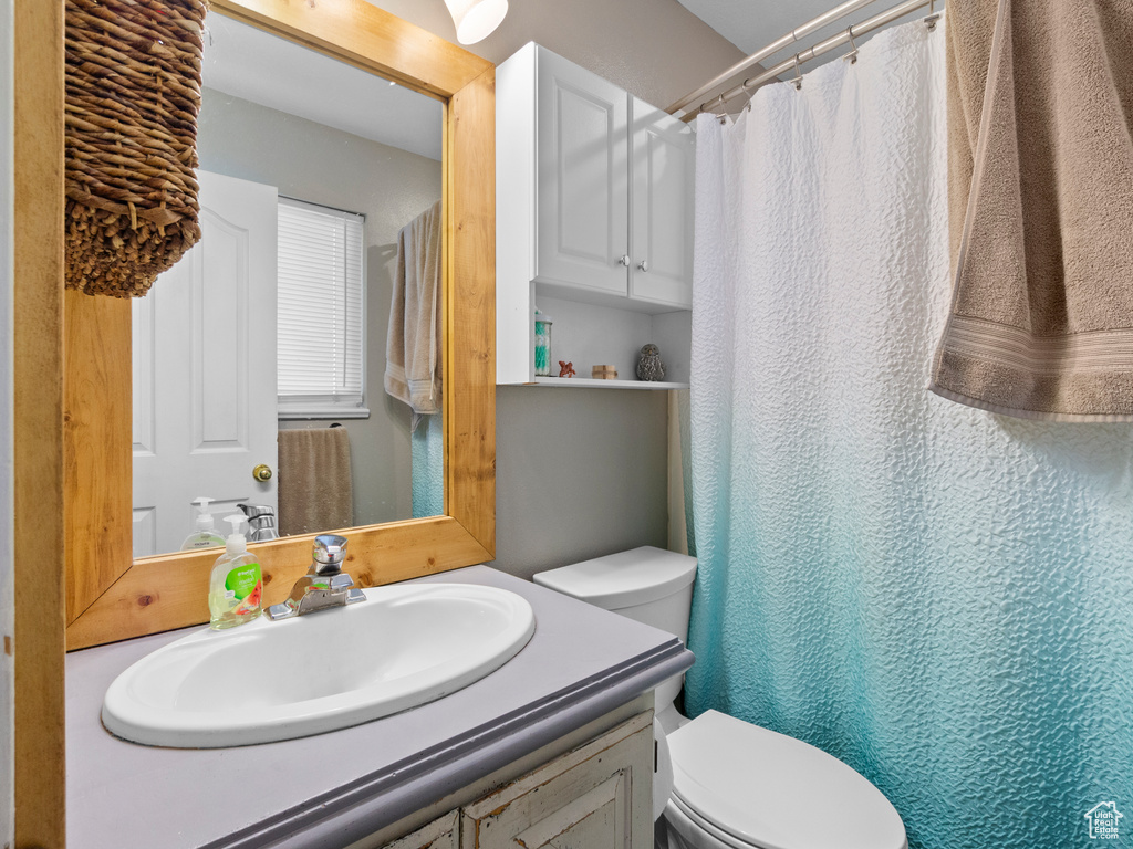 Bathroom featuring vanity, toilet, and walk in shower