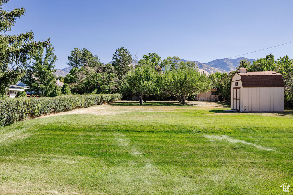 View of yard featuring a mountain view and a storage shed