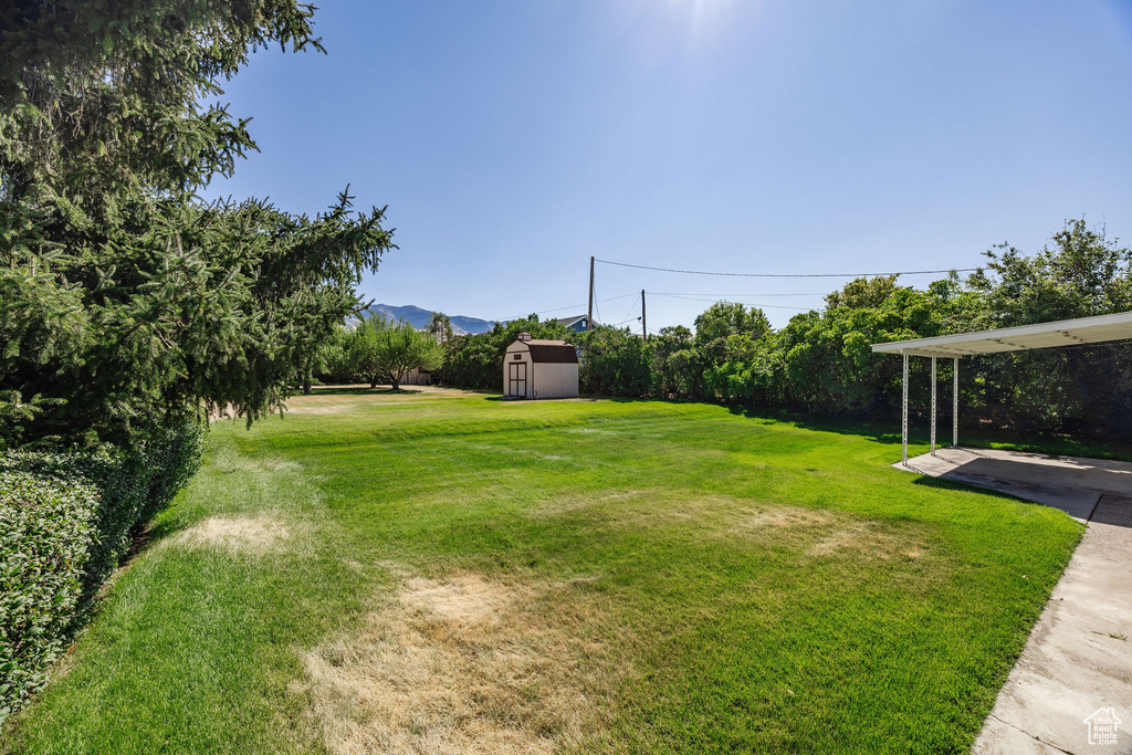 View of yard featuring a shed and a mountain view