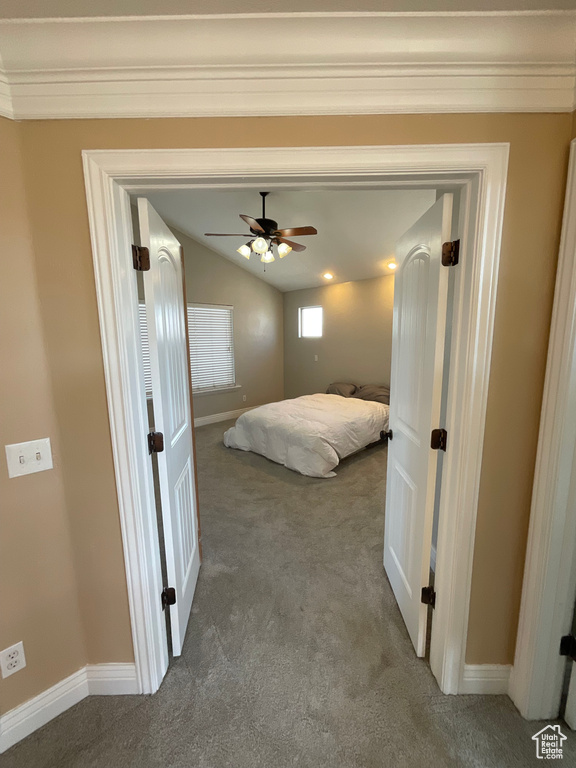 Interior space with lofted ceiling, ceiling fan, and carpet