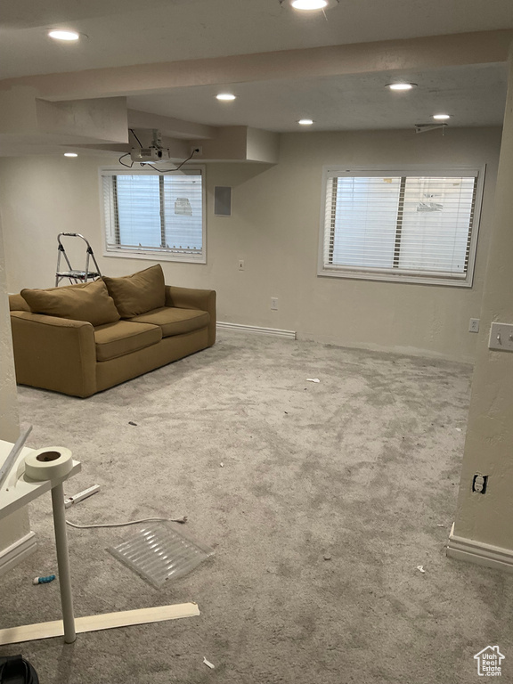 Basement with plenty of natural light and carpet