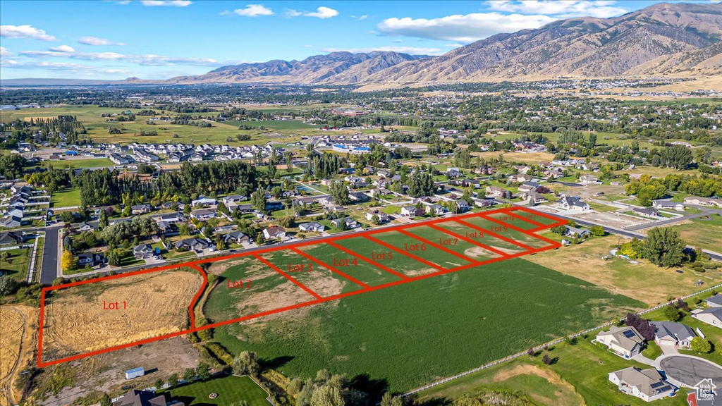 Birds eye view of property with a mountain view