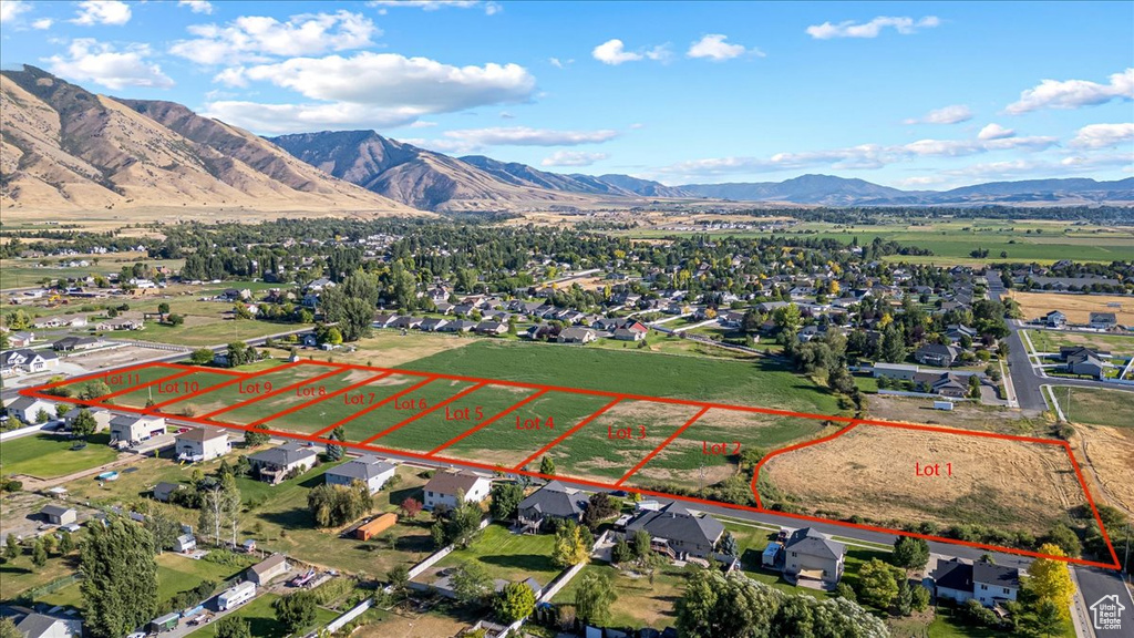 Birds eye view of property with a mountain view