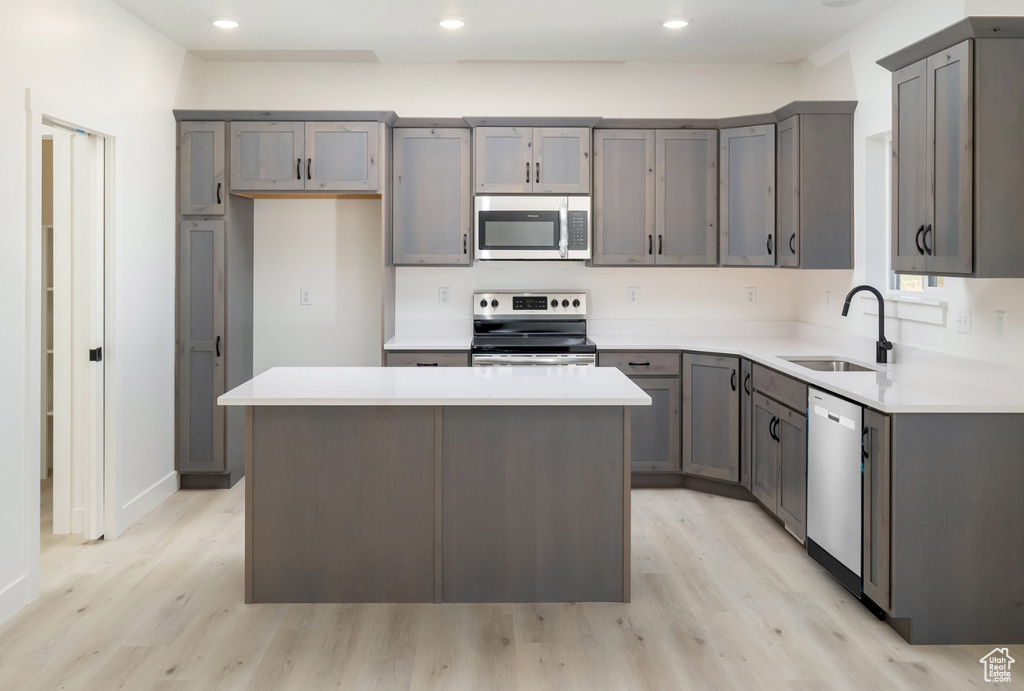 Kitchen with light wood-type flooring, a center island, sink, gray cabinetry, and stainless steel appliances