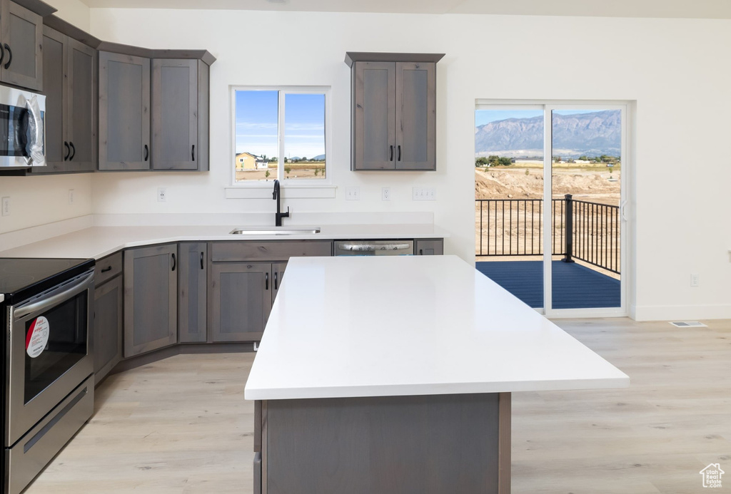 Kitchen with appliances with stainless steel finishes, light wood-type flooring, sink, and a center island