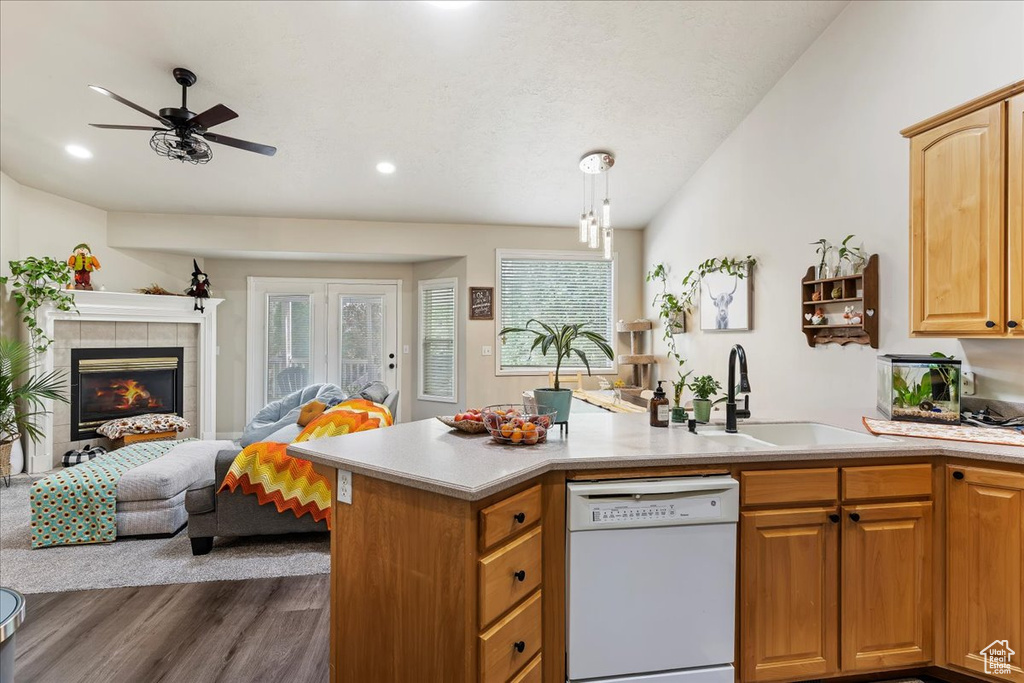 Kitchen featuring ceiling fan, white dishwasher, sink, dark wood-type flooring, and a fireplace