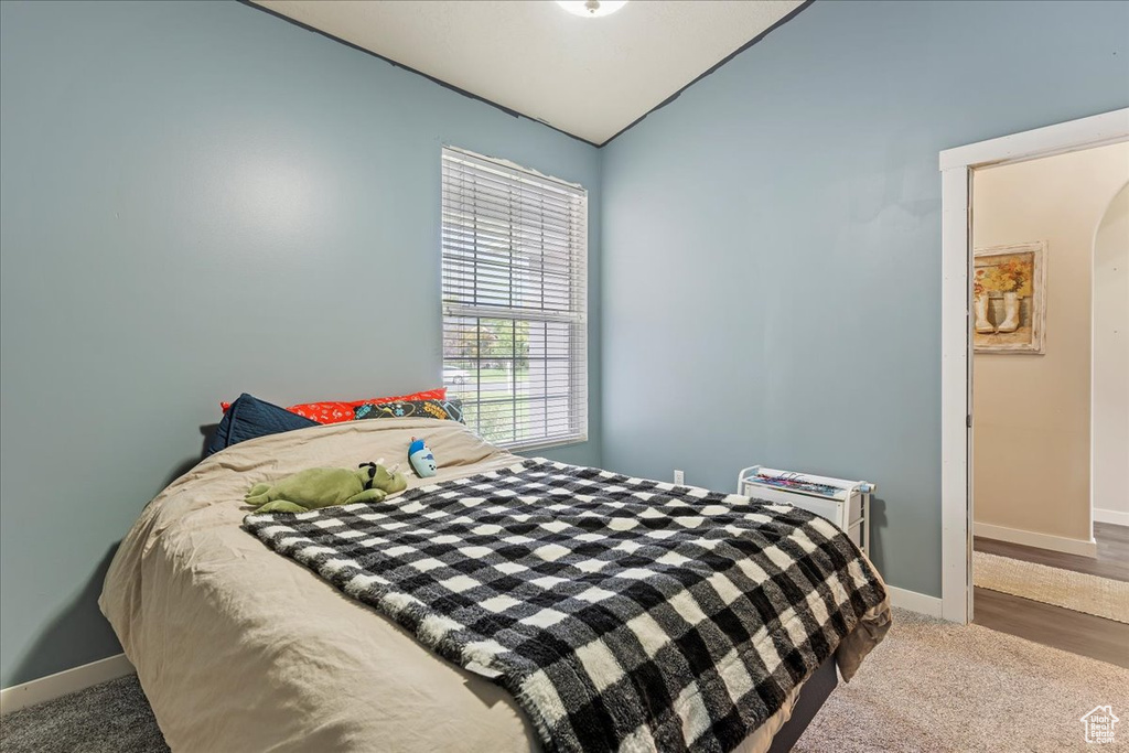 Bedroom with hardwood / wood-style flooring and lofted ceiling