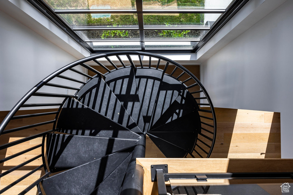 Staircase featuring wood-type flooring