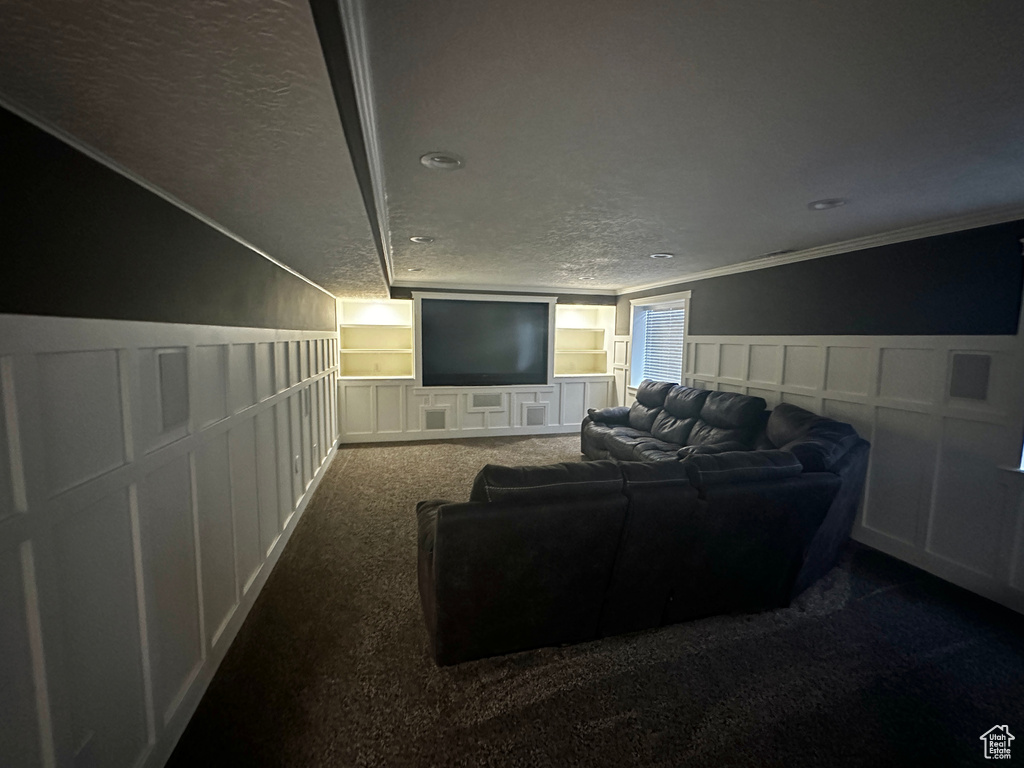 Cinema room with ornamental molding, a textured ceiling, and dark carpet