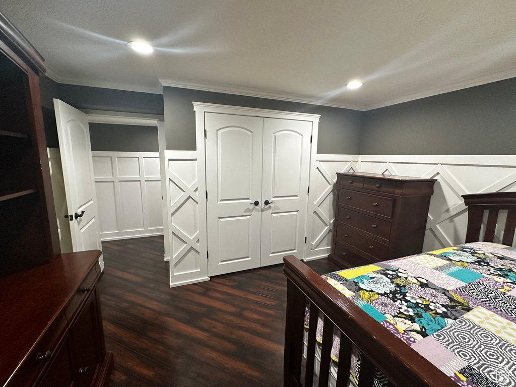 Bedroom featuring crown molding, a closet, and dark hardwood / wood-style floors