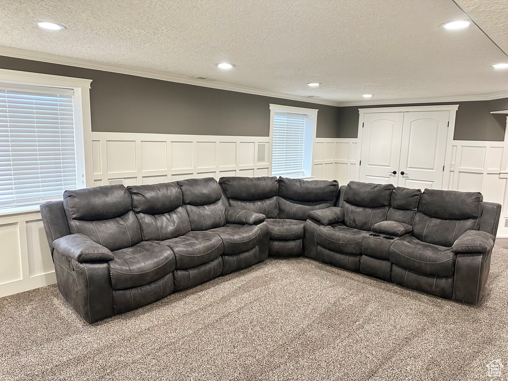 Carpeted home theater with a textured ceiling and ornamental molding