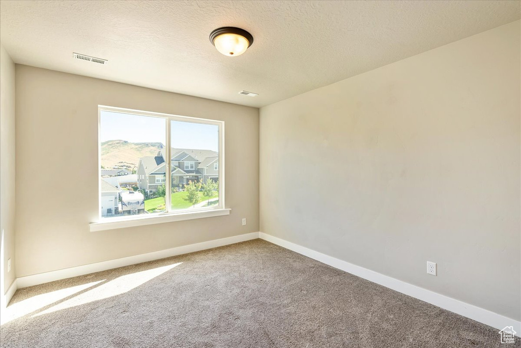 Carpeted empty room featuring a textured ceiling