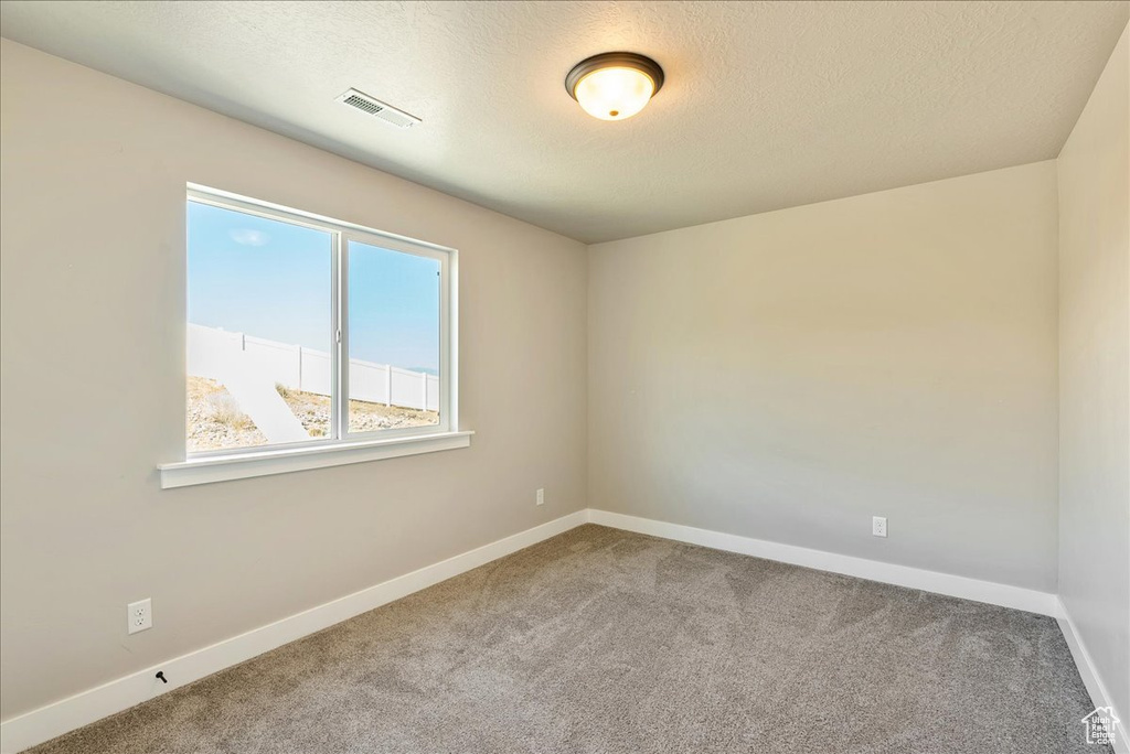 Empty room featuring a textured ceiling and carpet flooring