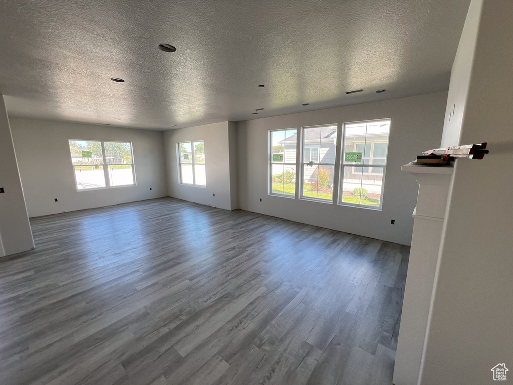 Unfurnished living room featuring a textured ceiling, a wealth of natural light, and wood-type flooring