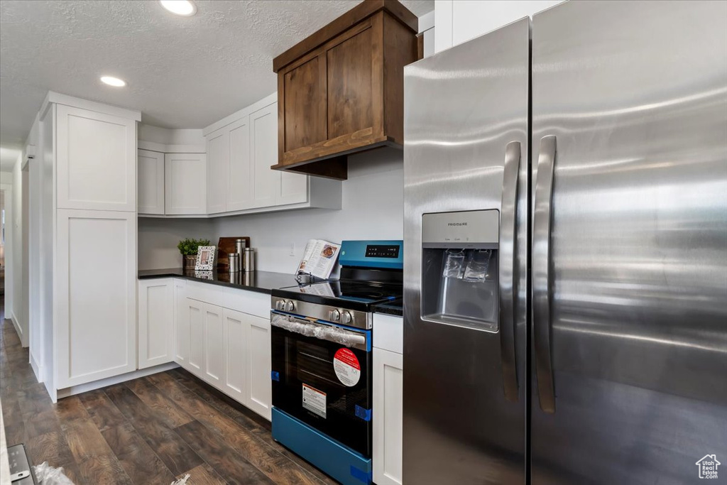 Kitchen with a textured ceiling, stainless steel appliances, dark hardwood / wood-style flooring, and white cabinetry