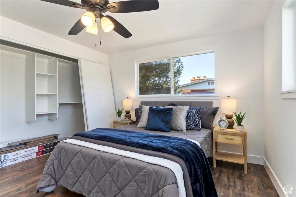 Bedroom with dark hardwood / wood-style floors and ceiling fan