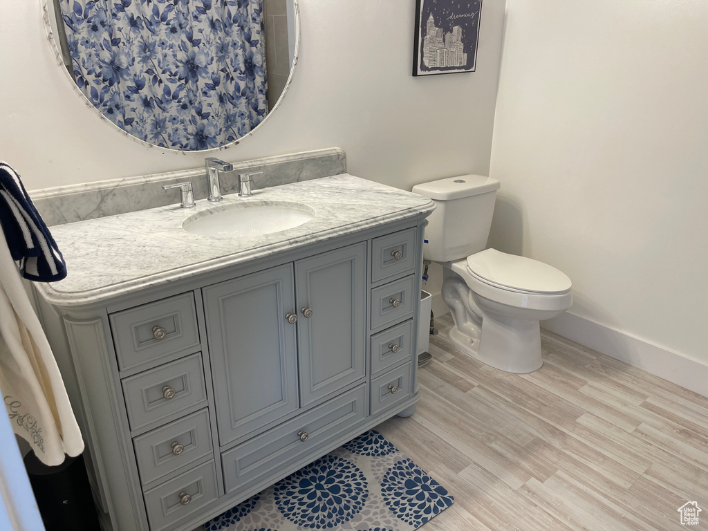 Bathroom with hardwood / wood-style flooring, vanity, and toilet